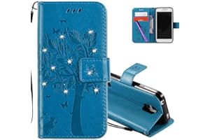 COTDINFOR Samsung S5 Mini Protection Case for Girls Flip PU Premium Leather Elegant Retro Slim Shockproof Cover With Card Holder For Samsung Galaxy S5 Mini Blue Wishing Tree with Diamond KT.