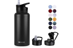 MURBONE Insulated Water Bottle, 1L Stainless Steel Drink Flask with Straw, BPA Free, 2 Lids (Straw Lid and Spout Lid), Leakproof Double Walled Vacuum Water Bottle, Black