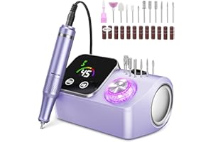 Urbuti Torno para Uñas,Torno para Uñas Profesional 45000 RPM,12 12 Cabezales de Pulido, Pantalla táctil LCD,Perilla de cristal,Lima portátil para uñas acrílicas y de gel (Morado claro)