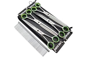 SMITH KING 7,0 Zoll Professional Dog Grooming Scissors Set Gerade & Ausdünnen & Gebogen & Chunker & Kamm 5 Stück in 1 Set für Linkshänder & Rechtshänder Silberfarbe
