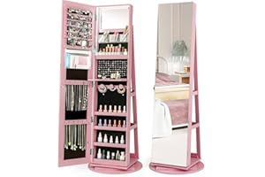 Multigot 3-Color LED Lights Jewellery Cabinet, 3-in-1 360° Swivel Jewelry Armoire with Full-Length Mirror, Lockable Cosmetic Storage Organizer for Dressing Room Living Room Bedroom (Pink)