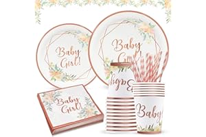 Wentsent Baby Shower Decoration Girls Party Tableware Set for 20 Guests, 100 Pieces Girl Paper Plates Children's Birthday Napkins Straws Cups Party Tableware for Baby Gender Reveal Party