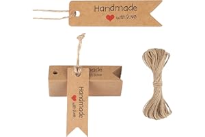SKDFHOD Geschenkanhänger 100 Stück Handmade with Love Anhänger Kraftpapier, Handmade Label mit Jutekordel 20 Meter, Dekorative Hängeetiketten für Weihnachten Hochzeit Geburtstag Ostern Valentinsta Geschenke