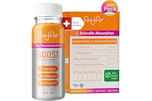 FOODFOR ATP BOOSTer Shot – 60ml – Schnelle Aufnahme, Energie, Anti-Stress & Ausdauer Unterstützung – L-Carnitin, L-Glutamin, Rhodiola Rosea, Natürlicher Koffein – Zuckerfrei, Vegan, 6-Pack