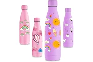 Vikastar Botella Termica, 0.5L Sin BPA, Botella Agua Acero Inoxidable, Reutilizable, Cantimplora, a Prueba de Fugas, Doble Aislamiento, Botella de Agua para Niños, Deportes, Fitness, Morado Sol