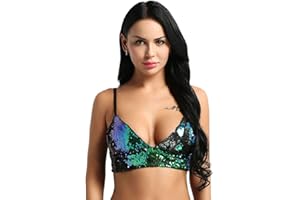 ranrann Women's Shiny Sequined Wire-Free Removable Pad Triangle Bralette Fancy Dress Crop Bra Tops