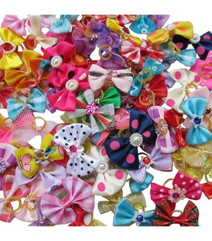 100 Elastici Per Capelli Con Fiocco Per Animali Domestici - Accessori Decorativi Per Cani E Gatti Con Borsa Portaoggetti