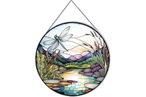Payutou River and Dragonfly Pattern Suncatcher Stained Glass,Hanging Stained Glass for Windows,20cm/7.87inch Hand-Painted Sun Catcher Garden Hangings Painted Glass Panel Decor Themed Gift