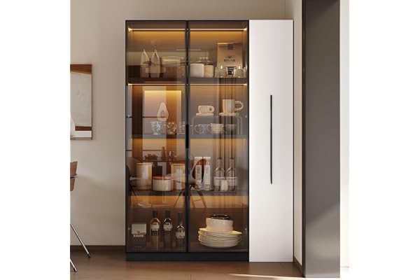 Multifunktionsskåp 110,5 × 35 × 160 cm – vitrinskåp med glasdörr och LED, sidoutdrag, rullskåp – design i vitt och svart, högskåp i modern stil, bokhylla, badrumssluttning, matskåp