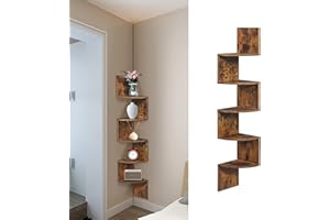 MINGYI Etagère d'angle à 5 Niveaux, Étagère Murale d'angle en Bois MDF, Bibliothèque étagère Suspendue, Étagère en Forme Zigzag, env. 20×20×123 cm (Marron rétro)