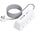 Extension Lead with USB Slots，6 Way Outlets 5 USB(5A, 1 USB- C and 4 USB-A Port) with 1.6M Braided Extension cord, 3250W Overload Protection，Security Surge Protection Plug Extension Socket
