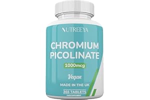 NUTREEYA Chromium Picolinate 1000mcg - 1 Year Supply 365 Vegan Tablets High Strength Chromium Supplement UK Manufactured.