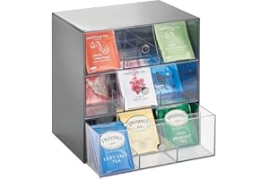 mDesign Organizador de cocina para bolsas de té, cápsulas de café, azúcar, etc. – Compacto organizador con cajones de plástico con 27 apartados – Mini cajonera con 3 cajones – gris y transparente