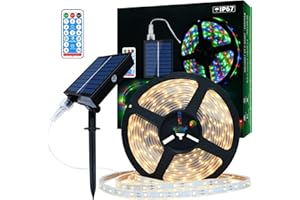 ‎LUMTANG Lumtang 5M Warmweißes Solar LED Streifen Außen, 8 Modi Sonnenbetrieben led strip Wetterfest， 280 LEDs Dimmbare Lichtleisten mit Fernbedienung, für Außen Garten Terrasse Outdoor Deko