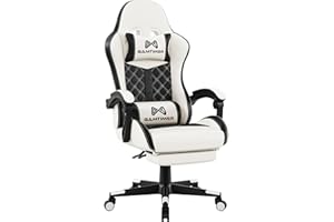 Gamtimer Gaming Chair with Footrest,Ergonomic Adjustable Back Computer Chair,4D Soft Seat Cushion and Headrest for Whiplash Protection,PU Leather,Lift and Swivel 360 Degree, Suitable for Adults-White