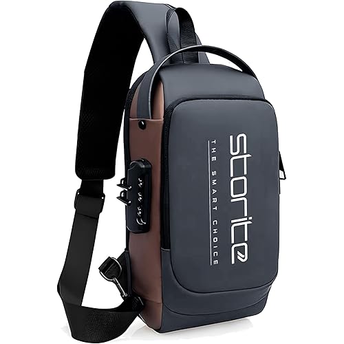 Storite Sling Bag for Men Stylish Crossbody Backpack for Men & Women, Anti-Theft Chest Bag with USB Charging Port, Messenger Bags, Casual Shoulder Bag (Grey Brown - 17 x 9 x 32 Cm)