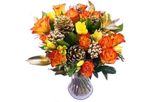 Clare Florist Festive Freesia and Rose Celebration Fresh Flower Bouquet – Warm and Festive Fresh Christmas Bouquet Bursting Full of Festive Joy