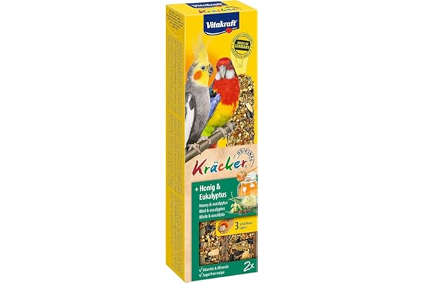 VITAKRAFT - Kräcker - Friandise pour Perruche - Assortiment de 3 Kräckers Miel et Sésame, Abricot et Figue, Œuf et Graines de Graminée - Boîte de 3 Baguettes
