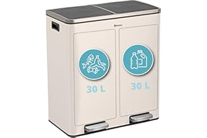 Homra Dual Kitchen Bin 60l – Double Rubbish Bins 2x30l – 2 Compartment Pedal System – Twin Section Waste&Recycling Separation – Soft Close Design – Inner Buckets with Handles - Stainless Steel