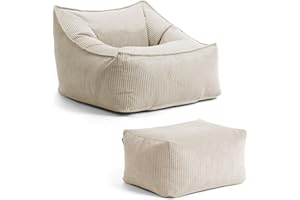 mokebo Sitzsack Sessel mit Hocker aus Cord 'Der Lümmel', XXL Sitzsack, Cord Sessel oder Sitz Sessel für Wohnzimmer und Wintergarten, auch als Riesensitzsack in 83x73x60 (BxHxT in cm) in Beige