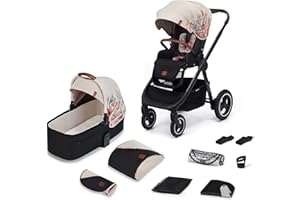 Kinderkraft EVERYDAY Kinderwagen 2 in 1 Komplettset bis 27 kg, XL-Babywanne mit Matratze, wasserfesten Material mit UPF50+, 4-Reifen Federung, Wickeltasche Fußsack Adapter im set, Bird Muster
