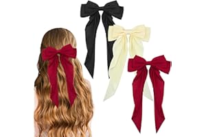 PROUSKY 3 Pack Solid Color Bowknot Hairpin, Hair Bows French Barrette with Long Silky Satin Tail Large Bows for Women Girls Hair Accessories