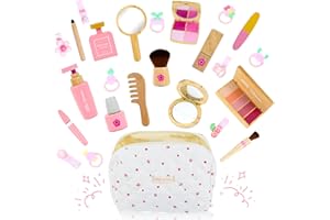 Joellfuner Ensemble de maquillage en bois fille, kit de maquillage pour fille, jouet en bois avec élastiques à cheveux, pinces à cheveux et tatouages, sac à cosmétiques, cadeau