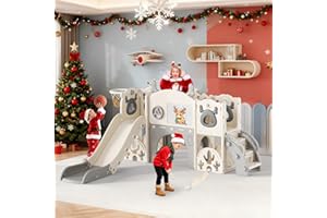 Krovtoy Scivolo per bambini 7 in 1, a tema alce natalizio con set da golf, scivolo per bambini da 1 a 3 anni (Alce- Beige grigio 7 in 1)