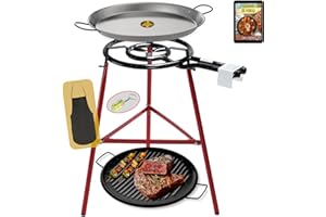 COMBOI Kit poêle à paella - Brûleur à gaz butane 40 cm à 2 feux, poêle à paella de 46 cm + grill de 46 cm, support pieds renforcés, niveau, tablier, livre de recettes numérique.
