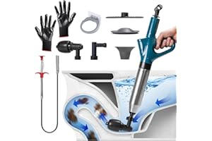 DkevEu Desatascador de Tuberías con Aire Comprimido, Desatascador de Inodoro con Barómetro, Desatascador Tuberias a Presion con 4 Cabezas de Pistón e Inflador para Inodoro, Lavabo, Bañera