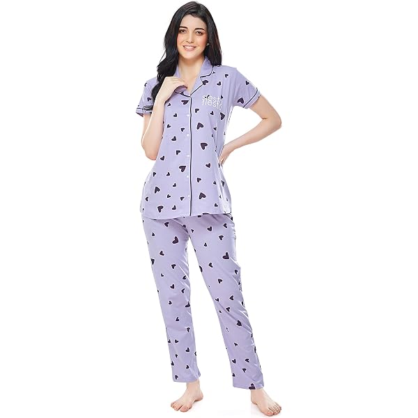 Zeyo Women's Cotton Night Suit Set - Half Sleeve Shirt & Pyjama, Solid Plain Design, Regular Fit, Made In India - View #2
