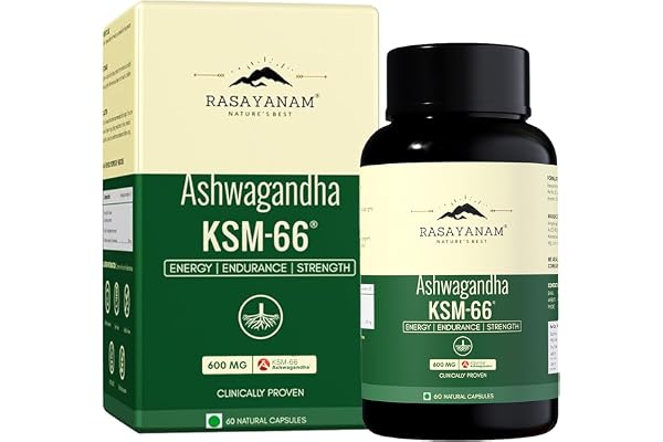 Rasayanam Ashwagandha KSM-66 Clinically Proven 600mg Dosage 5.1% Withanolides for Max Results 100% Pure Root Extract Stress Relief, Energy & Recovery Support World s Strongest Ashwagandha 60 Capsules