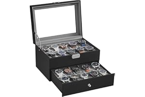 SONGMICS Watch Box, Watch Case with Glass Lid, 2-Tier Watch Display Case, Lockable, 1 Drawer, for Rings, Bracelets, Gift Idea, Black Synthetic Leather, Grey Lining JWB020