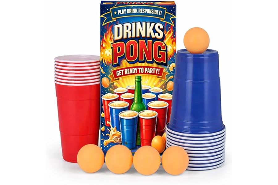EVOKK Beer Pong Game Set/ 24-Piece Pong Set Drinking Games 16oz Blue & Red Plastic Cups Pong Games for Students Birthday Parties Fun Drinking Game Games for Adults. (Yellow Balls)