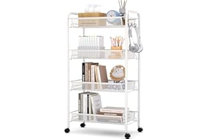 Urackify Chariot de Cuisine a 4 Niveaux pour Salle de Bain, Cuisine et buanderie. Métal résistant à la Rouille, Panier en Maille Respirante et Crochets latéraux Inclus. Facile à Installer，Blanche