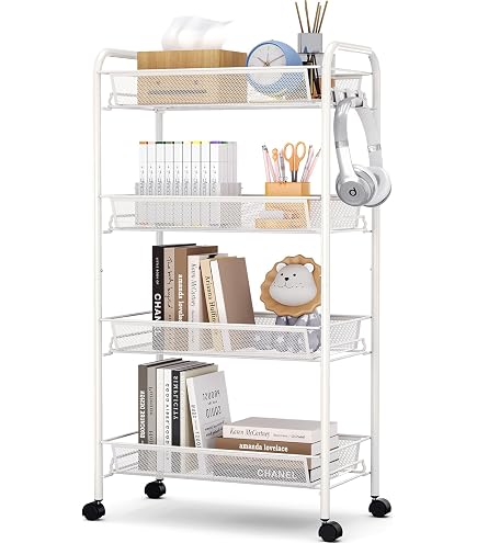 Carrello Portaoggetti Da Cucina A 5 Ripiani Con Ruote - Metallo E Legno, Cestini Estraibili, Per Frutta E Verdura, 32x41x87 Cm