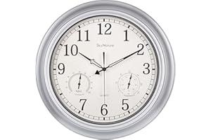 ‎SKYNATURE Outdoor Wanduhr, Retro Wetterfest Gartenuhr Wanduhr mit Thermometer und Hygrometer, Leise Ohne TickgeräUsche Metall Wanduhr, Wasserdicht Wanduhr für Zaun, Terrasse, Pool, Veranda - 45cm, Silber