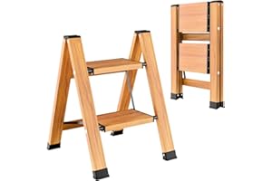 OTOmitra Escalera plegable de aluminio de 2 peldaños, antideslizante, escalera multifunción portátil con diseño de vetas de madera, soporta hasta 150 kg para cocina, baño y camping