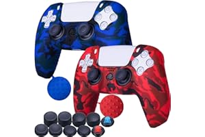 9CDeer 2 Pieces of Silicone Transfer Print Protective Cover Skin + 10 Thumb Grips for Playstation 5 / PS5 Controller paint Red & Blue