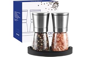 Vzaahu Juego de 2 Molinillos de Sal y Pimienta con Fondo,con Núcleo de Cerámica de Canela,Rugosidad Ajustable,Color Plata