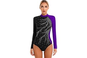 Nyeemya Maillot Gimnasia Ritmica para Mujer Transparente Clásico Mono de Danza Leotardo Deportivo Jumpsuit Body Manga Larga de Diamantes Brillantes Disfraz Bailarina