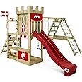 WICKEY Wooden Climbing Frame DragonFlyer with swing set & red Slide, Outdoor Kids Playhouse with Sandpit, Climbing Ladder & Play-Accessories for The Garden