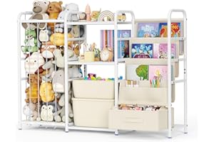 OVSHNRR Kids Bookshelf and Toy Storage, Montessori Baby Bookcase with Stuffed Animal Storage and Drawers, 3-Tier Sling Book Shelf for Kids Room, Nursery, Kindergarten, Playroom, Metal Book (Standard Version)
