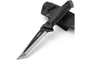 Omesio Tanto Couteau d'extérieur avec fourreau Kydex, couteau de survie Full Tang 420 Steel Stonewashed lame fixe Couteau de chasse, Poignée confortable G10 Noir