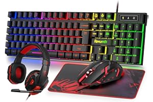 Rewurnth Gaming Keyboard and Mouse Set with Headset, UK Layout, RGB Backlit Wired Keyboard, Ergonomic 4-Color LED Gaming Mouse, Over-Ear Headphones, Large Mousepad, USB Plug & Play for PC Mac PS5 Xbox