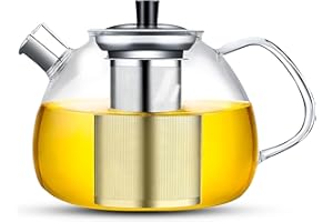JDHON Teiera con infusore in vetro borosilicato da 1,5 l, due coperchi, colino in acciaio inox rimovibile, resistente al calore, per tè sfuso, tè floreale, bustine da tè