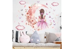 LEKABEE Farfalla ragazza adesivi murali, luna fiore fata decalcomania murale,rosa floreale murale decorazioni da parete farfalle colorate,vinile rimovibile fai da te wall art per ragazze baby nursery camera