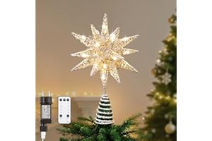 Lewondr Estrella para Árbol de Navidad, 11" Enchufable y Control Remoto Estrella de Copa Geométrica 3D Iluminada para Decoración Navideña, Función Temporizador y Cable 5m, Luz Cálida, Plata Blanco