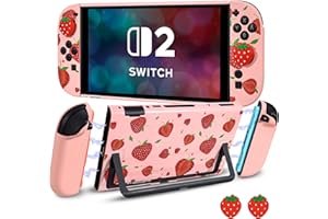 DLseego Coque de Protection pour Switch 2,Fraise Mignonne Dockable Dur Anti-Rayures Antichoc Design Housse de Protection avec 2 Cover pour Poignée Souple et 2PCS Capuchon de Joystick,Grande Fraise