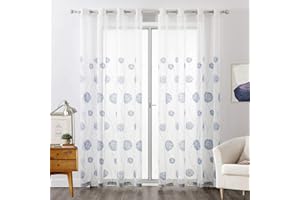 MIULEE Tenda per Camera da Letto, Tende Voile con Blu Ricamata Motivo, Tende Bianche Trasparenti con Occhielli, Tenda Finestra Interni per Casa Soggiorno e Salotto 2 Pezzi,2xL 140 x A 215 cm